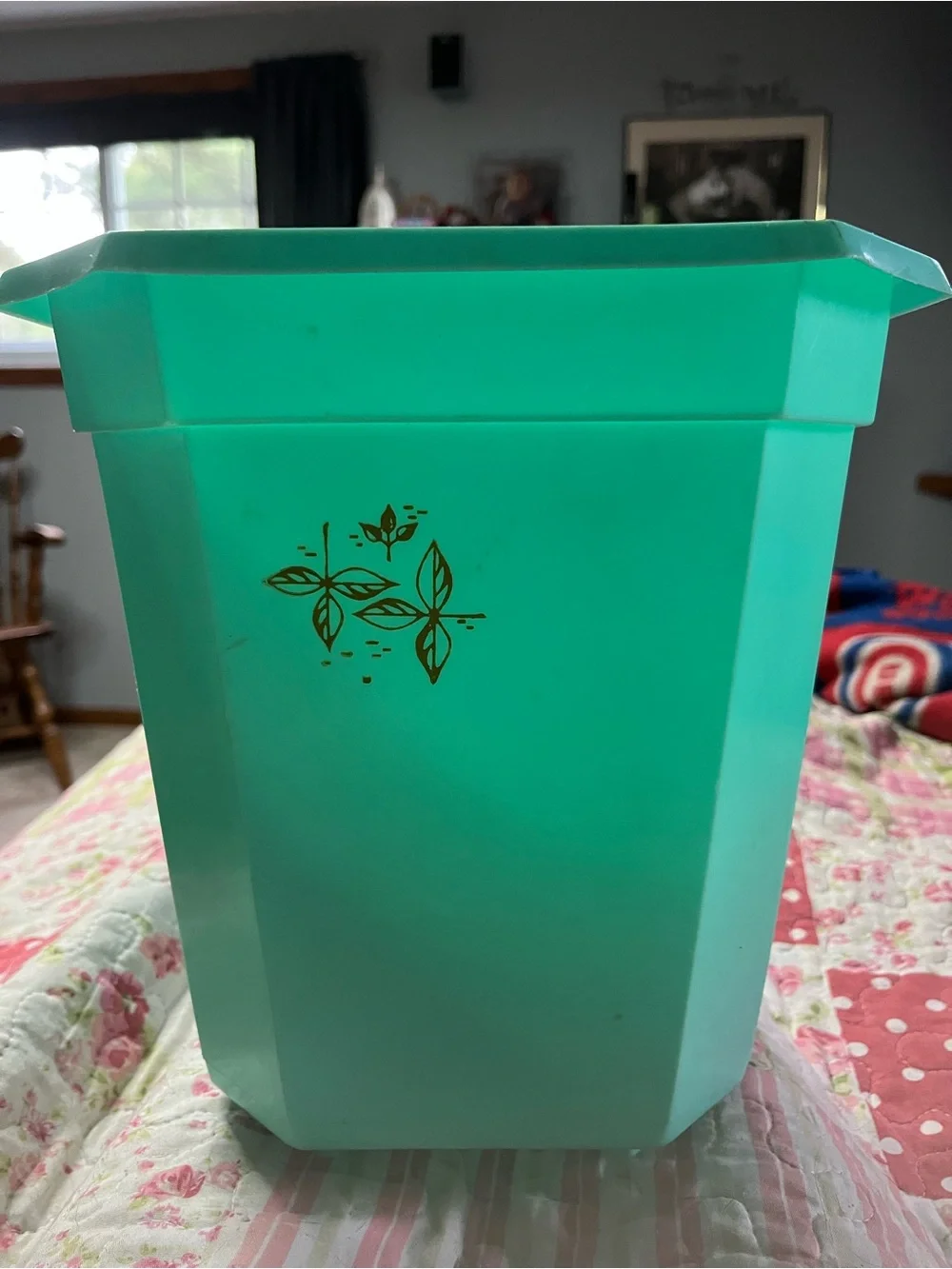 Aqua Plastic Vintage Trash Can with Gold Leaf Accent